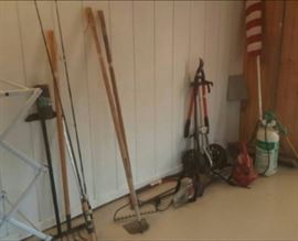 Assorted Garden Tools, Golf Caddy, Weed Sprayer, Laundry Rack