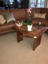 . CUSTOM HAND-CRAFTED SIDE TABLE / COFFEE TABLE WITH BURL WOOD INLAY- ASKING $500
