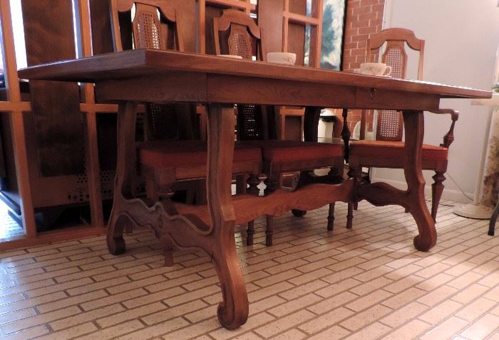 Mid Century Modern "Sienna" Trestle Dining Table and 6 Chairs by Unique Furniture Makers, Winston Salem, NC   No. 6171