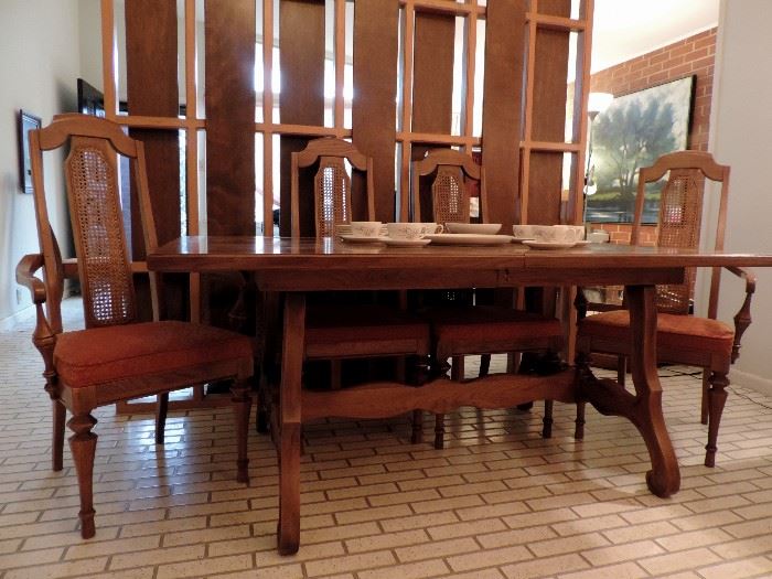 Mid Century Modern "Sienna" Trestle Dining Table, 6 Chairs with 2 Leaves and Table Pad by Unique Furniture Makers, Winston Salem, NC  No. 6171