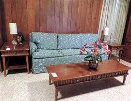 Blue Floral Sleeper Sofa with Stanley Mid Century Modern Coffee and End Tables