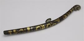 Antique Chinese Chou Dynasty snake head bronze yolk form belt hook inlaid with gold and silver. 10/11th Century BC. Wonderful patina. Good antique condition with surface wear and small losses. Small repair to end. Measure 7" long. In house USA continental shipping $45 plus insurance
