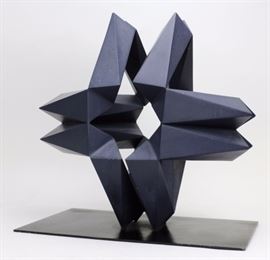 
Latin American modernist sculpture by Enrique "Sebastian" Carbajal (1947 Mexico) Estrella depicts a star in modern design. Deep slate blue finished steel with a black base. Measures 18 1/2" x 19" Good condition with mild wear and small losses to finish. Will not ship. Will refer a local shipper.