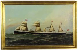 
Antique ships oil on canvas painting by Antonio Nicolo Gasparo Jacobsen (1820-1921 New York / New Jersey / Denmark) Depicts the steam-sailor ship Richmond Hill. Features four masts and the smoke stack all under an American flag. Other flags and British flag. Very nice piece from his most desirable period. Signed and dated 1887 lower right with West Hoboken New Jersey address. Painting measures 22" x 35 3/4" Very good condition with old reline and restoration. Will not ship. Will refer a local shipper.
