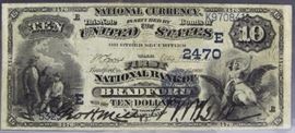 
Authentic large size United States National Currency $10 bill. This wonderful note comes from the First National Bank Of Bradford Pennsylvania. Series 1882, Charter Number 2470, Friedberg number 545. Ungraded but in excellent condition with no tears or pinholes. Staining on reverse. In house continental USA shipping $20 plus insurance.