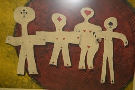 Original signed artist proof mid century modern style artist proof colored etching by Jan Forsberg (1932-Sweden) Depicts four stick men representing suits of cards: Club, Diamond, Heart and Spade. Signed lower left in pencil. Work window measures approximately 13 1/2" x 21" Frames measures 21 1/2" x 29 1/2" Good condition with mild wear to frame. Will not ship. Will refer a local shipper.