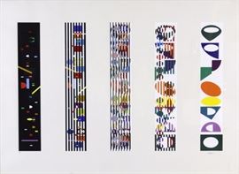 
Kinetic limited edition signed and numbered silkscreen print by Yaacov Agam (1928- Israel) Depicts brightly colored forms in five vertical stripes. Housed in a silver finished frame with linen matting. Pencil signed lower right, limited edition number 18/144 lower left. Work window measures 26" x 36" Frame measures 32 1/2" z 42 1/2" Very good condition with mild storage related frame wear. Slight toning to edges of paper. Will not ship. Will refer a local shipper