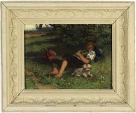 Romantic portrait oil painting on board by Leopold Loffler Radymno (1827-1898 Austria / Poland) Depicts a young boy taking a nap under a shade tree with his trusty dog. Loffler or Leoffler was a highly regarded member of the Vienna Academy of Fine Arts and frequently commissioned to create works for Franz Joseph I of Austria and the Emperor. His works can be found in the National Museum of Poland and in the Lviv National Art Gallery. Signed lower right and dated 1868. Board measures 7 1/2" x 10" Frame measures 12 1/4" x 14 3/4". Good condition with horizontal line near frame edge. Frame has repaint and wear with losses. In house USA continental shipping $75 plus insurance