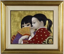 
Great portrait oil on canvas painting by Margaret Hawkins Keane (1927- California) Very fine portrait of two Japanese girls against a gold leaf background. Exceptional big eyed girl painting. Signed MDH Keane 1984 center left. Housed in a gold leaf frame with linen liner. Canvas measures 16" x 20" Frame measures 25 1/2" x 29 1/2" Very good condition with mild wear to frame. Will not ship. Will refer a local shipper.