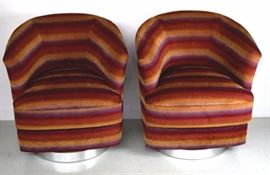 Classic design with a contemporary modern fabric upholstery. Brushed steel finished base. Each measures 32 1/2" x 26" Good condition with mild wear. One base with loose veneer. Will not ship. Will refer a local shipper.
Condition Report