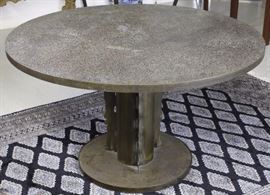 PHILIP LaVERNE (1908 - 1988);KELVIN LaVERNE (b. 1936);Etruscan Spiral dining or game table, New York, 1960s; Etched, patinated, and polychromed bronze, pewter; Etched signature to base; Measures 28" x 47 1/2". Very good condition with mild surface wear. Will not ship. Will refer a local shipper.