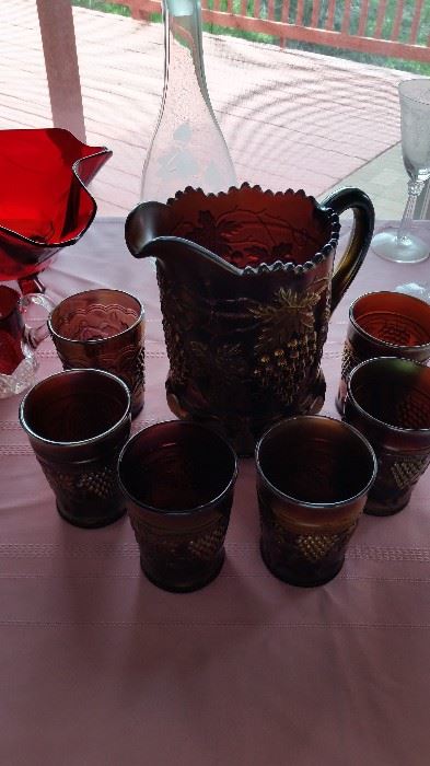 Rare Northwood Grape and Cable Pitcher and Glass Set
