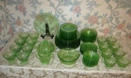 "Lovebirds" green depression glass set - service for 8