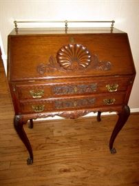 c. 1890-1900 Antique Chippendale desk - ball & claw feet - 2 carved drawers - carved tilt-top with pullout supports - brass gallery on top
