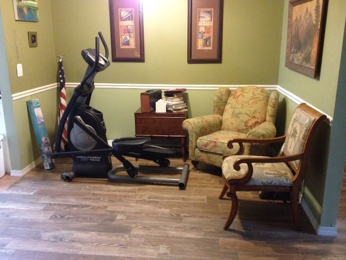 Elliptical fitness equipment, trunk on stand bamboo style, Club chair, armchair with Palm tree upholstery (one of two)