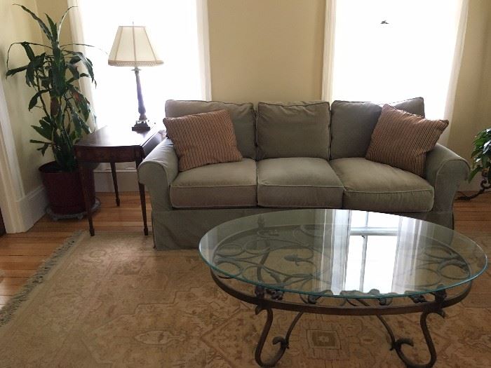 Slip Cover Sofa, Glass Top Wrought Iron Coffee Table