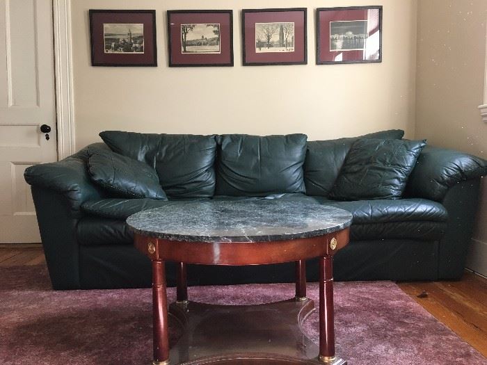 Leather Sofa and Matching Arm Chair, Marble Top Coffee Table