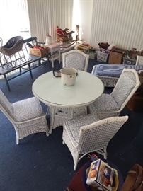 WHITE WICKER TABLE AND CHAIRS