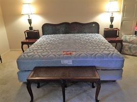 King Size mattress/box springs.  Mahogany End Tables. Caned Bench