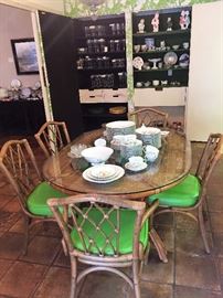 Bamboo Glass Top Dining Table with 6 Chairs - 4 Straight and 2 Arm Chairs