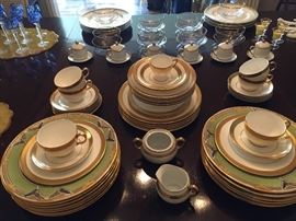 Vintage green, gold and black dinner plates to mix with gold and ivory dinnerware sets.  Germany.  Set of 13