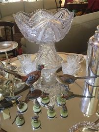 Magnificent Deep Cut American Brilliant Period Punchbowl and 4 cups.  Cold Painted Bronze Pheasants and Cold Painted Bronze Fowl on Onyx Place card Holders by Fritz Berman