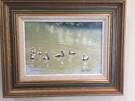Pelicans - Original oil on board by prominent U.K. artist Captain Roger Roland Sutton Fisher C.B.E., D.S.C., R.N., R.S.M.A., F.R.S.A. (1919-1993).  