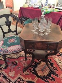 Needlepoint chair.  Flame Mahogany side table with matched, pieced veneers.