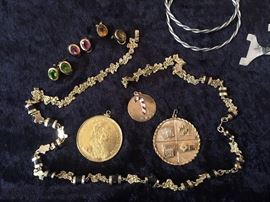 14KT clip earrings, Sterling Bangles, 14KT Candy Cane Charm/Pendant, 1915 Austrian 4 Ducat .999 gold with 14KT bezel, 14KT Gamblers Pendant with Diamond, Ruby, and Emerald accents.  Substantial 14KT necklace.