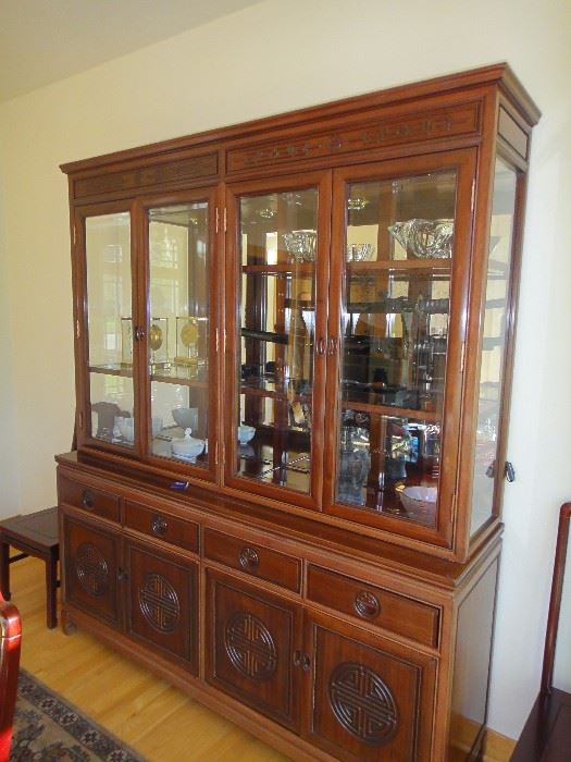 Asian inspired china cabinet, matching table and 8 chairs. 