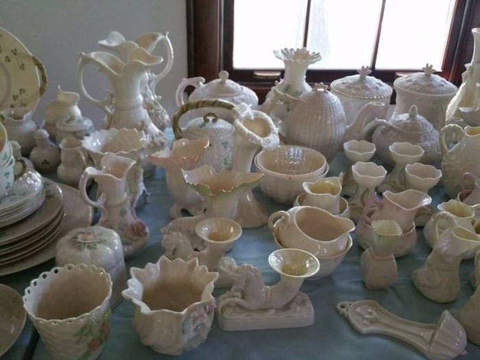 Belleek vases, ewers, pitchers, cream & sugar sets, candle holders, teapots, coffee pots.