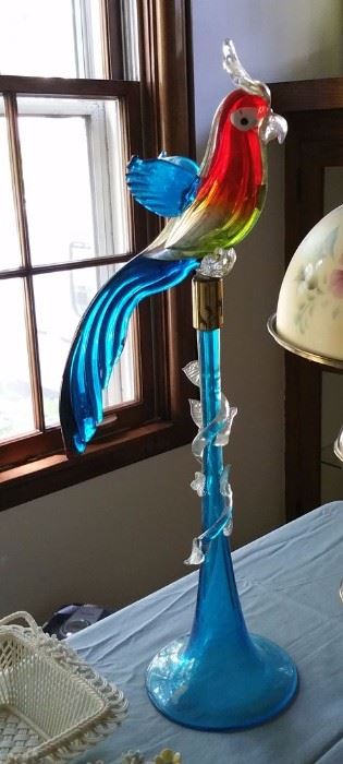 Spectacular Murano Italian Art Glass parrot on stand.
