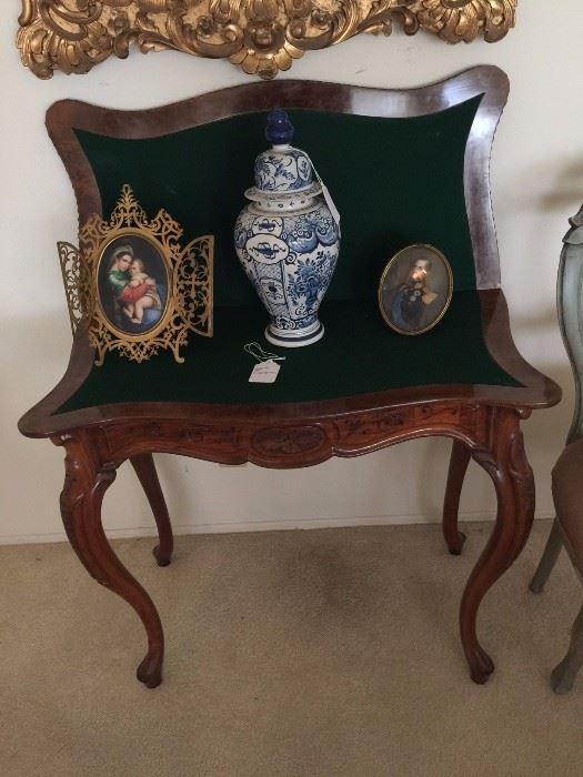 Danish game table, Madonna & Child plaque in brass frame, Delft vase, painting of King Christian IX