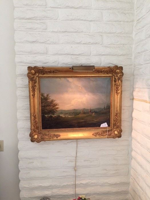 Danish Northern landscape oil on canvas, signed and dated W. Nordgren, 1840.  Beautifully framed in a wood gesso and gilt wood with chased corners frame. 27"H x 35"W