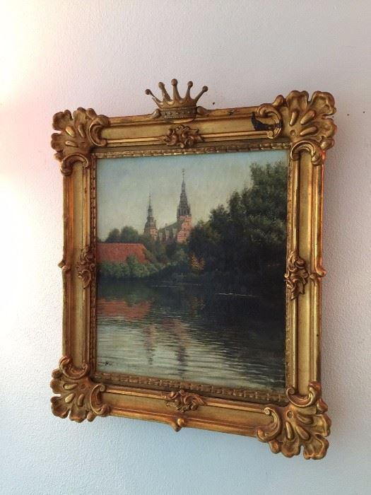 Fabulous framed late 19th century, signed oil on canvas painting.  "Christianborg Palace view from the river", 19in high; 16in wide
