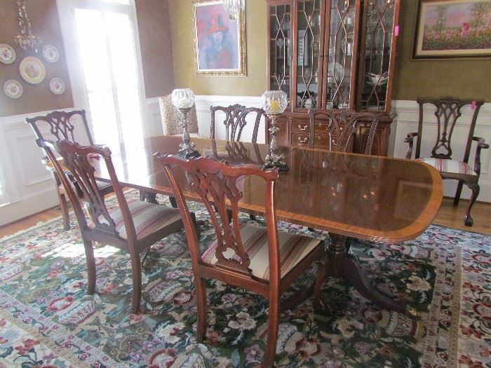 Chippendale Style Chairs and double pedestal dining room table plus beautiful rug!