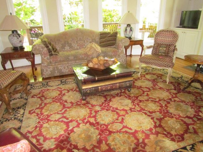 Gorgeous rug, sofa, book coffee table
