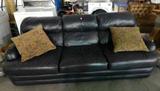 Navy blue leather three cushion couch, 84".