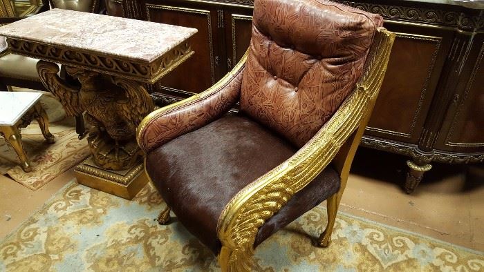 Louis XIV Carved Eagle Chair Designer Tooled Leather and Brazilian CowHide Upholstery