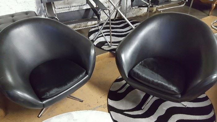 MidCentury Overman Pod Black Leather and Black Fur Hide Cushion Chairs