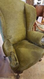 Antique Custom Upholstered Fur Hide Wing Back Eagle Claw Chair