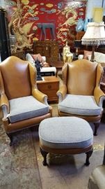 Custom Upholstered Hickory Wing Back Chairs and Ottoman