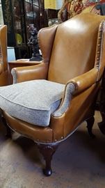 Custom Upholstered Leather Antique Hickory Hills Wing Back Chairs