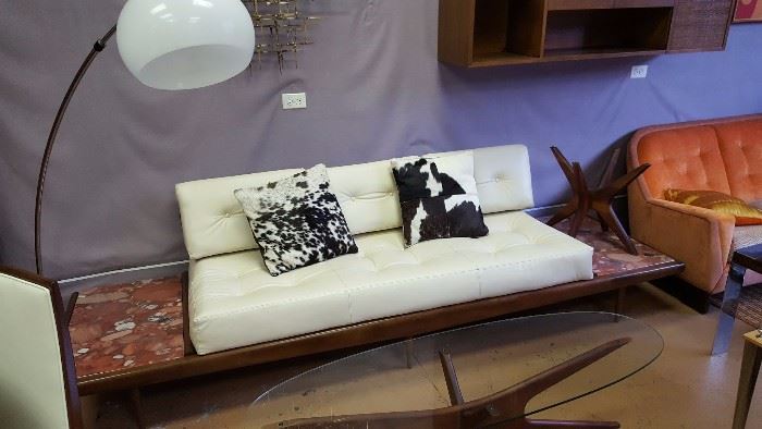  Adrian Pearsall Leather Sofa With Rare Stone Built In End Tables 