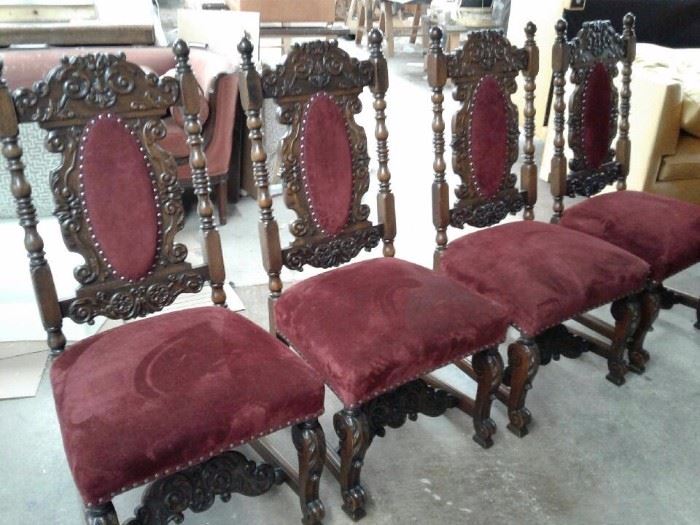 Deep Red Suede Hand Carved Ornate Throne Chairs