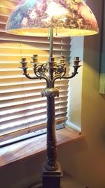Antique Ornate Electrified Lamp with Hand Painted Glass Lamp Shade