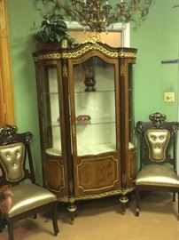 Louis XIV Display Cabinet photo w/ 1840s Designer Gold Leather Fully Refurbished Living Room Set