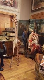 Vintage Leather Giraffe and Elephant and Beautifully Hand Painted Screen