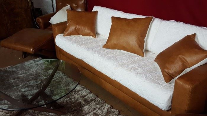 MCM Ostrich Style Leather and Faux Fur Super Soft Sofa W Fur Hide and Ostrich Style Leather