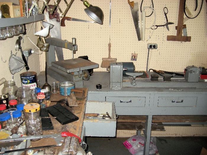 grinder lathe, saw, hand tools work benches